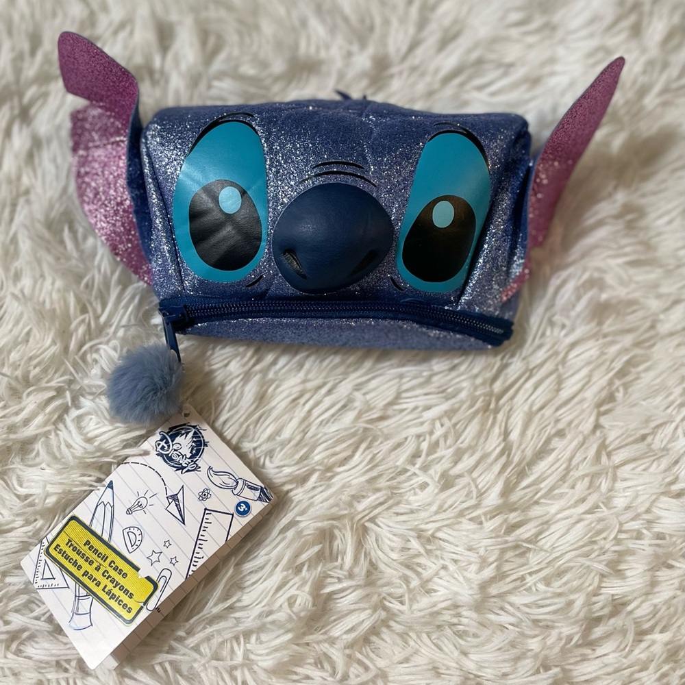 NEW Disney Parks Stitch Head 3D Glitter Pencil Case Makeup Bag Pouch Travel Blue